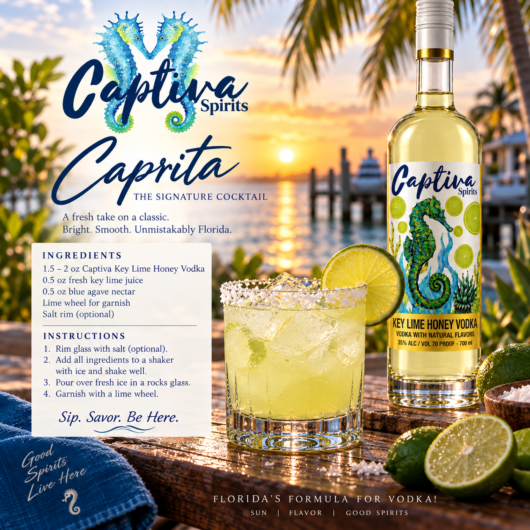 Caprita signature cocktail with Captiva Key Lime Honey Vodka at a Florida waterfront sunset