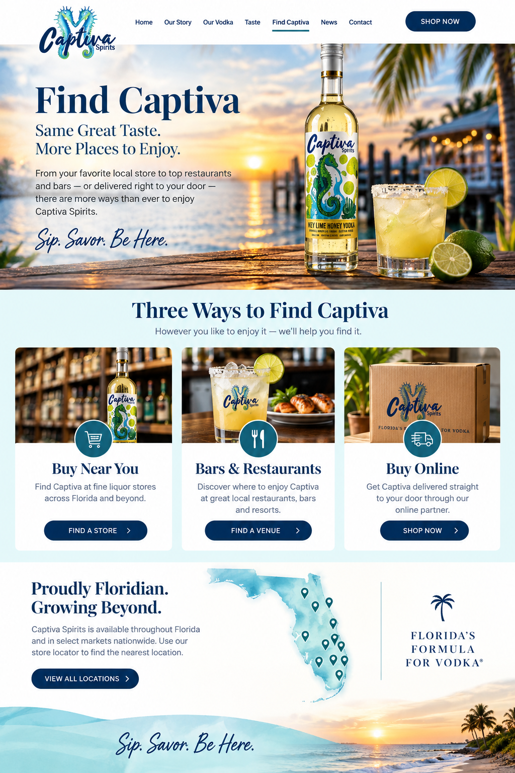 Find Captiva visual blueprint showing waterfront hero, retail, bars and restaurants, online purchase and Florida availability