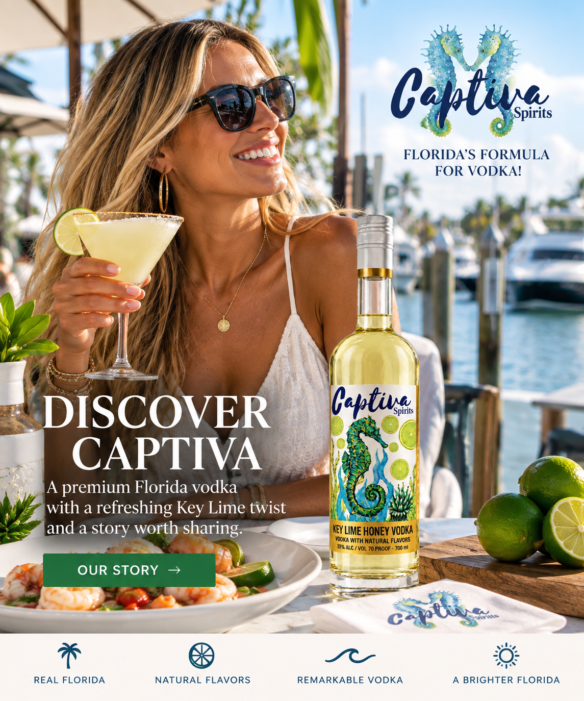 Live Captiva boating and coastal Florida lifestyle scene with Captiva Key Lime Honey Vodka.